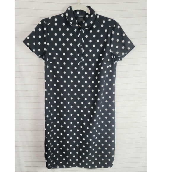 ANN TAYLOR COLLARED BUTTON UP POLKA DOT SHIFT DRESS IN BLACK/WHITE, SZ SMALL - Picture 1 of 11